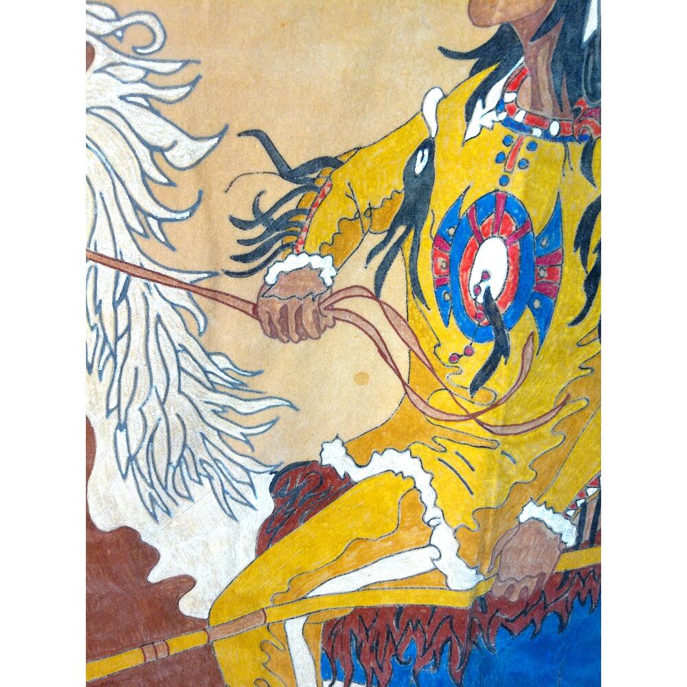 Vtg Native American Theme Indian Chief Warrior Horseback Painted Felt Wall Art - Picture 3 of 12